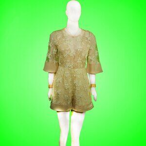 Vintage Hearts & Bows Romantic Lace Romper, 1980s Inspired, Beige